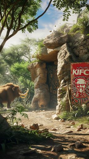 prehistoric adventure, cave entrance shot, vibrant earth tones, handheld exploration, natural daylight filtering through trees, stone age humans in leather attire, mammoths roaming, towering KFC sign and primitive art on cave walls, captured with lifelike detail, under clear prehistoric skies, merging ancient wilderness with timeless fast food, in the epic storytelling style of Rob Marshall --ar 9:16 --v 6.0 --style raw --s 50