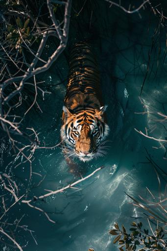 prehistorical dangeorous sabretooth tiger lurking hidden and ready to attack in the coast near wild waters of mangrove, modern world, terrifying, clear brisk waters, hdr image with strong color contrast, dark blue, top isometric view, photography --ar 2:3 --v 6.0