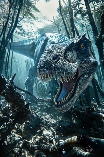 prehistorical dangeorous t-rex lurking hidden and ready to attack in the wild waters of mangrove, modern world, man terrified, clear brisk waters, hdr image with strong color contrast, dark blue, top isometric view, photography --c 10 --v 6.0 --ar 2:3