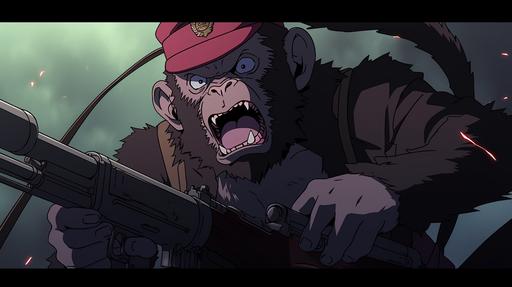 A Baboon wearing a ww2 helmet wielding a Thompson Machine Gun, animal Character, Monkey, Ape, anime screenshot, In the Style of ONE PIECE anime, Drawn by Eiichiro Oda, Flat Color, film cell, --niji --ar 16:9