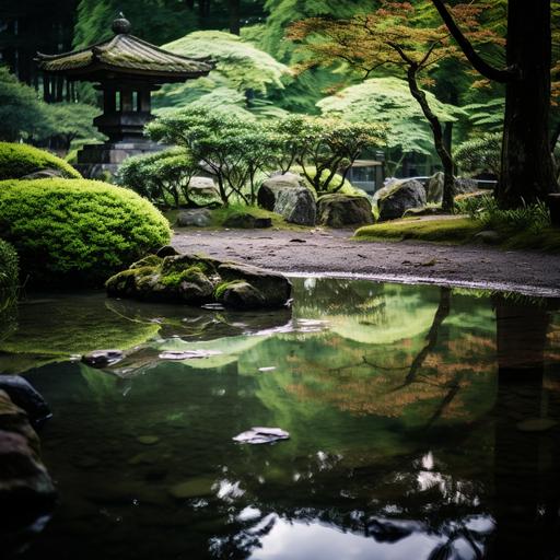 photograph of a gorgeous japanee garden where a small rock has fallen into a serene pond causing ripples of water