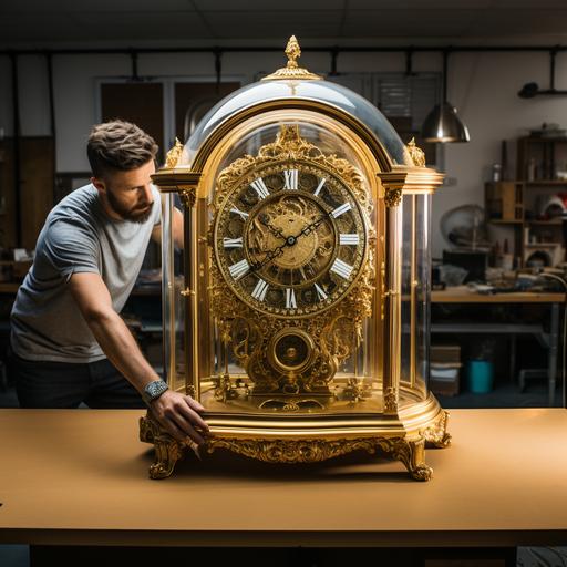 preserving a gold clock inside a glass display case