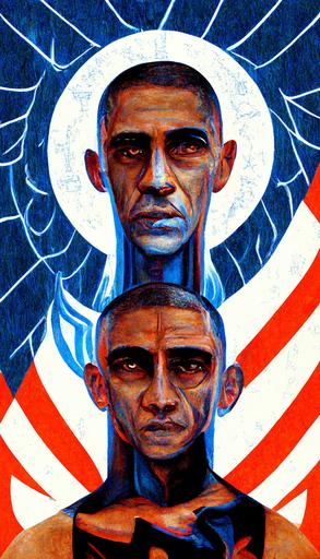 president barack obama   symmetrical   lady liberty   symmetry   american flags   bright white jewelry   the white house   detailed ink illustrations   symbols of democracy   symbols of power   bald eagles   the constitution   tarot card with ornate border frame   dark atmosphere   black and blue tones   by Peter Mohrbacher   golden seal of the president   female   --ar 9:16