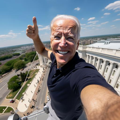 president biden aerial dynamic climbing high up on top of white house washington dc hyperreal 8k sharp focus selfie stick style photo
