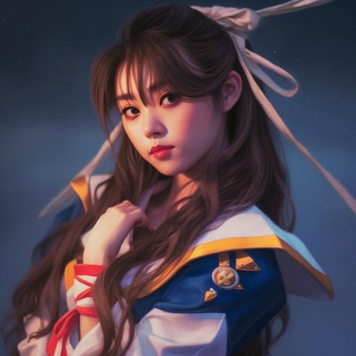 pretty asian girl in a sailor moon costume with brown hair, studio gibli style --s 750 --v 5.1