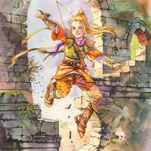 pretty blond young teen elf fighter in chainmail and bright clothes, with a bow on their back, hair in a ponytail, jumping on ancient ruins, character art, watercolour, happy atmosphere, relaxed mood --v 6.0