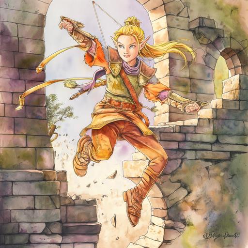 pretty blond young teen elf fighter in chainmail and bright clothes, with a bow on their back, hair in a ponytail, jumping on ancient ruins, character art, watercolour, happy atmosphere, relaxed mood --v 6.0