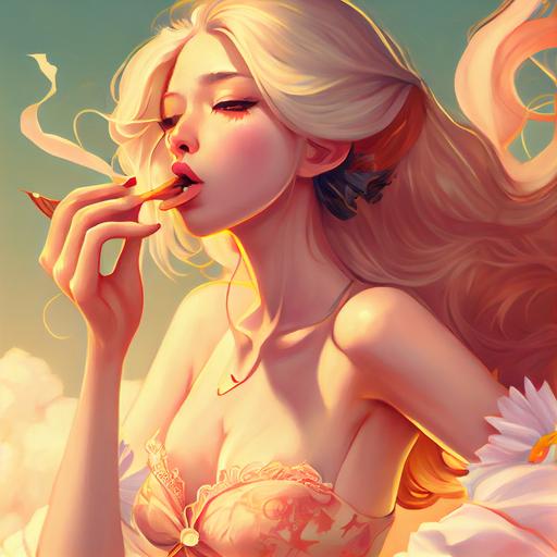 pretty girl character , blowing kisses full body, style of concept art by james jean and artgerm and sakimichan and Alfonso Mucha and ghibri, matte painting, oil painting, glazing painting, gold ink drawing, glittering painting, long hair, shiofuki, onani, ero, flirting, gyaru peace fox girl, sweaty, kiss mark, whip mark, heart-shaped pupils eyes, beautiful baby face, wear transparent nanobikini, Womb tattoo, baby pink mini teat navel jewel piercing, apricot color shiny thigh, intricate detailed, movie lightning effect, Edge Gold Lightning, whipping cream cloud, cotton candy cloud, glittering skin, Unreal Engine, reflective, shiny, 3d art, high contrast --v 4 --upbeta