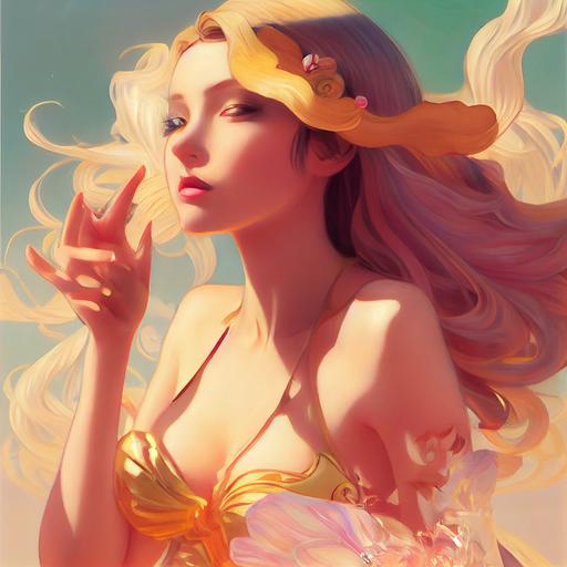 pretty girl character , blowing kisses full body, style of concept art by james jean and artgerm and sakimichan and Alfonso Mucha and ghibri, matte painting, oil painting, glazing painting, gold ink drawing, glittering painting, long hair, shiofuki, onani, ero, flirting, gyaru peace fox girl, sweaty, kiss mark, whip mark, heart-shaped pupils eyes, beautiful baby face, wear transparent nanobikini, Womb tattoo, baby pink mini teat navel jewel piercing, apricot color shiny thigh, intricate detailed, movie lightning effect, Edge Gold Lightning, whipping cream cloud, cotton candy cloud, glittering skin, Unreal Engine, reflective, shiny, 3d art, high contrast --upbeta --test --creative