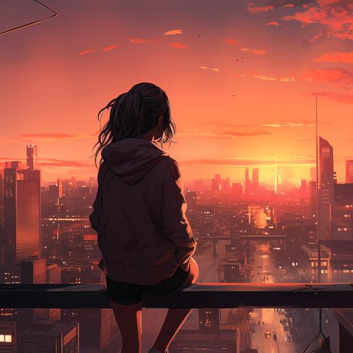 pretty girl looking sunset on top of the building cyberpunk city cartoon style back angle