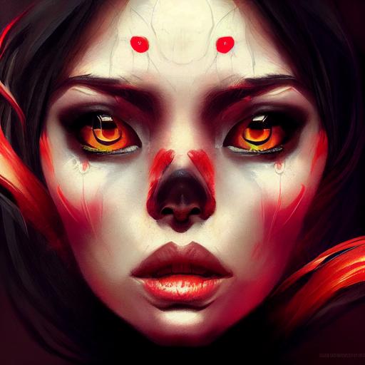 pretty half human female skull element in the style of artgerm, disney and pino daeni, kleggt doe eye supremacy, dynamic pose, smooth, perfectly shaded, bloodmoon outfit, leauge of legends --test --creative --upbeta