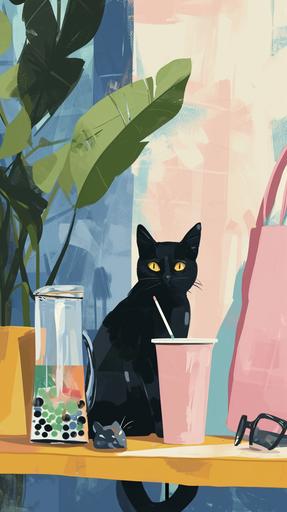 pretty illustration of a black cat next to a pink tote and boba tea on a desk, bright rustic palette, in the style of bold block prints, alice pattullo, Laurie hastings, claire halifax, soft, fauvist color explosions, miniature and small, paintings, stenciled iconography, feminine aesthetic, --ar 9:16 --v 6.0