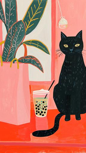pretty illustration of a black cat next to a pink tote and boba tea on a desk, bright rustic palette, in the style of bold block prints, alice pattullo, Laurie hastings, claire halifax, soft, fauvist color explosions, miniature and small, paintings, stenciled iconography, feminine aesthetic, --ar 9:16 --v 6.0