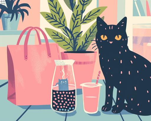 pretty illustration of a black cat next to a pink tote and boba tea on a desk, bright rustic palette, in the style of bold block prints, alice pattullo, Laurie hastings, claire halifax, soft, fauvist color explosions, miniature and small, paintings, stenciled iconography, feminine aesthetic, --ar 5:4 --v 6.0