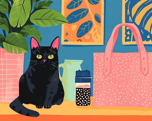 pretty illustration of a black cat next to a pink tote and boba tea on a desk, bright rustic palette, in the style of bold block prints, alice pattullo, Laurie hastings, claire halifax, soft, fauvist color explosions, miniature and small, paintings, stenciled iconography, feminine aesthetic, --ar 5:4 --v 6.0