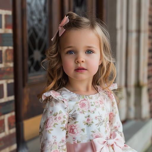 pretty little girl wearing a Sunday school dendrobium orchid dress with a pink satin sash, standing outside of a Church --v 6.0 --s 250