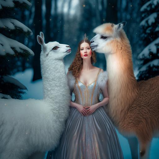 young pretty woman and Llama and Alpaca by Sandro Botticelli, Wonderland, winter, Birch trees forest, snow, draping baroque inspired haute couture gown, dramatic lighting, alluring, glowing fairy Light --v 4 --q 2