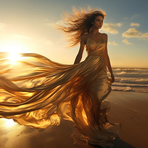 pretty women on the atlantic beach, women with gold coloured silk dress, sun reflections on the dress, full body perspective, windy evening, long hair, photorealistic, 4k, high detailed