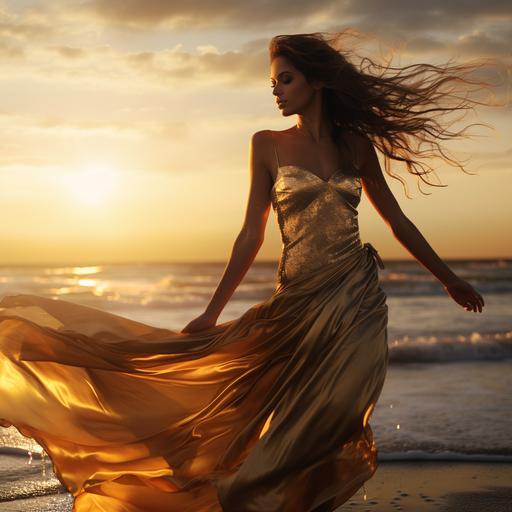 pretty women on the atlantic beach, women with gold coloured silk dress, sun reflections on the dress, full body perspective, windy evening, long hair, photorealistic, 4k, high detailed