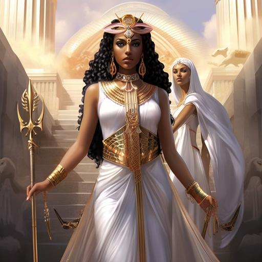 priestess wearing a white sleeveless gown with a gold sash, a gold staff with a snake at the top, and s pink crystal in the shape of s pyramid. She had black hair like Cleopatra with heavy black eyeline.