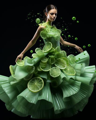prima ballerina aus geschnitzter Wassermelone mit molecular gastronomy verzierten kleid --s 333 --c 30 --ar 8:10