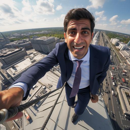 prime minister rishi sunak aged 40's middle age aerial dynamic politician climbing high up on top of canary wharf docklands london hyperreal 8k sharp focus selfie stick style photo