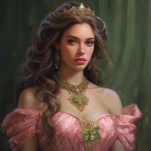 princesa hermosa, vestido rosado, cabello color de fuego, hermosa corona de oro, ojos verdes --s 750
