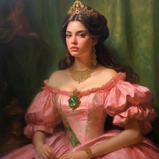 princesa hermosa, vestido rosado, cabello color de fuego, hermosa corona de oro, ojos verdes --s 750