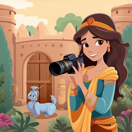 princess jasmine from alladin cartoon is taking photos with camera in the zoo next to zoo sign