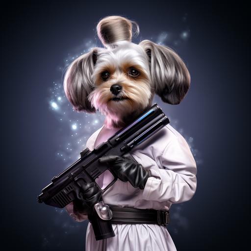 princess leia dog hybrid, hair hoth braid on head, holding star wars blaster gun in one hand, background black space