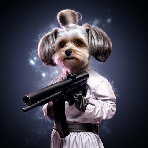 princess leia dog hybrid, hair hoth braid on head, holding star wars blaster gun in one hand, background black space