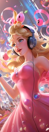 princess peach wearing headphones high energy dancing. pink party streamers in background --ar 3:8