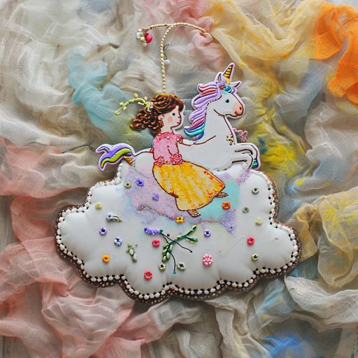 princess rides unicorn on a cloud, a drawing is made in different colors dotted on top of a piece of fabric, in the style of psychedelic portraiture, fantastical creatures, made of vines, playful mixed media, grocery art, cloudpunk, fluid impressions, animecore --no grass --v 6.0