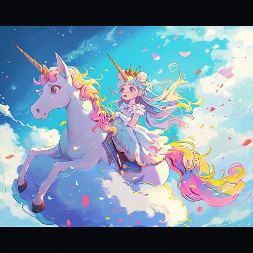 princess rides unicorn on a cloud, cloudcore --no grass --v 6.0