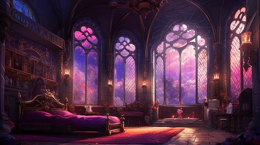 princess room in a medieval castle, in red and purple colors, super detailed, majestic, drowing in anime style --ar 16:9