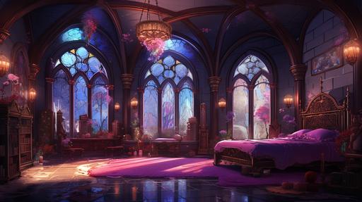 princess room in a medieval castle, in red and purple colors, super detailed, majestic, drowing in anime style --ar 16:9