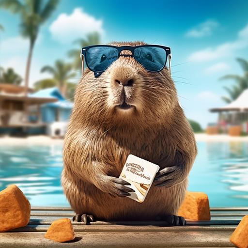 print advertisement for a Capybara coconut chocolate bar with a cartoon capybara wearing sunglasses