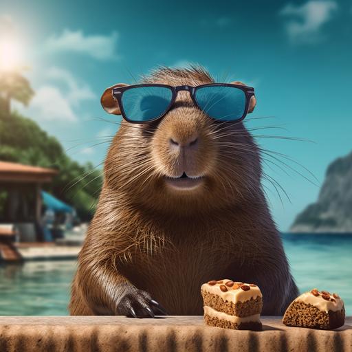 print advertisement for a Capybara coconut chocolate bar with a cartoon capybara wearing sunglasses