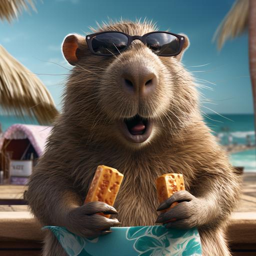 print advertisement for a Capybara coconut chocolate bar with a cartoon capybara wearing sunglasses