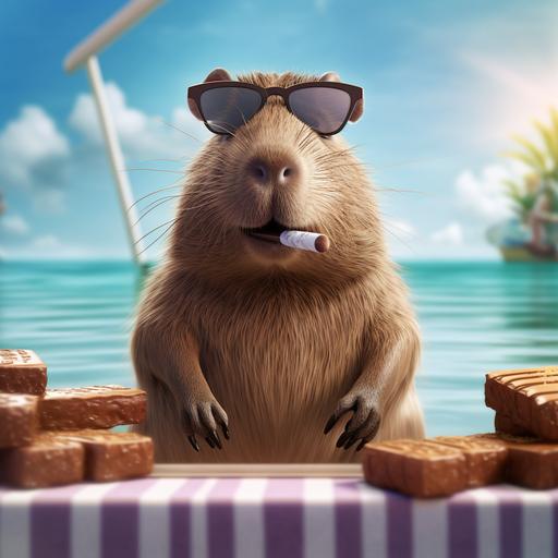 print advertisement for a Capybara coconut chocolate bar with a cartoon capybara wearing sunglasses