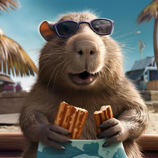 print advertisement for a Capybara coconut chocolate bar with a cartoon capybara wearing sunglasses