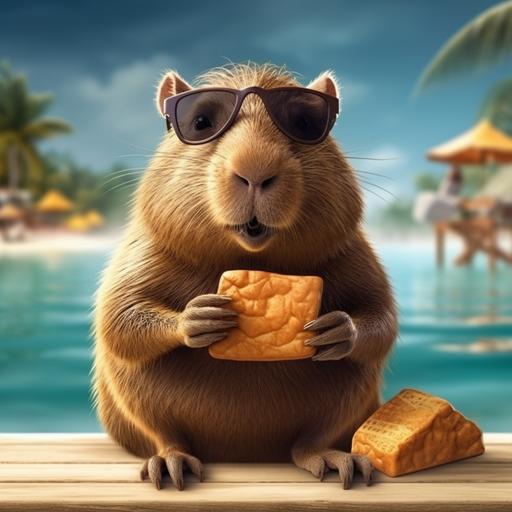 print advertisement for a Capybara coconut chocolate bar with a cartoon capybara wearing sunglasses