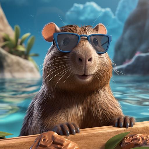 print advertisement for a Capybara coconut chocolate bar with a cartoon capybara wearing sunglasses