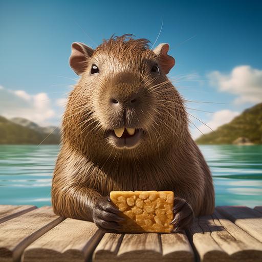 print advertisement for a Capybara coconut chocolate bar with a cartoon capybara wearing sunglasses