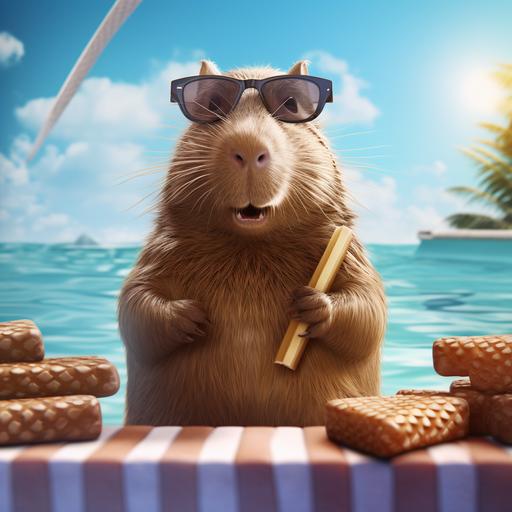 print advertisement for a Capybara coconut chocolate bar with a cartoon capybara wearing sunglasses