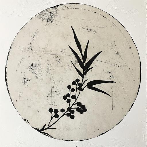 print from a Japanese stone ink stamp, used as a artists signature, round shape, very simple and minimal Australian wattle design --v 6.0