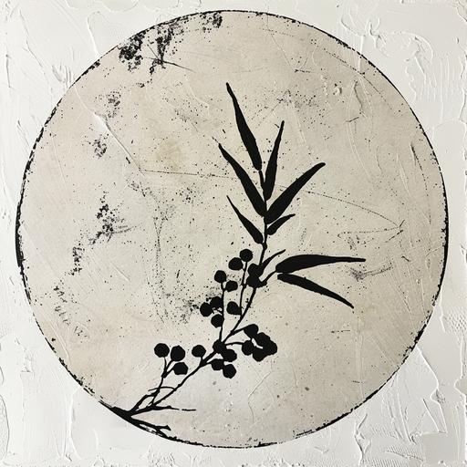 print from a Japanese stone ink stamp, used as a artists signature, round shape, very simple and minimal Australian wattle design