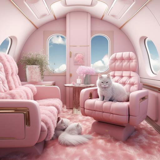 private jet with cloudy interior and fluffy pink chairs and furniture and a white cat