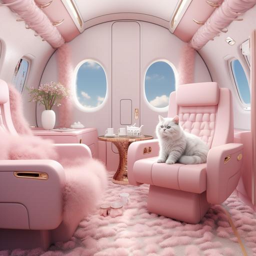 private jet with cloudy interior and fluffy pink chairs and furniture and a white cat