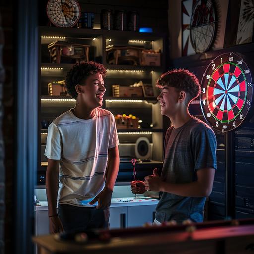 two youths laughing, enjoying playing darts in game room of a modern home, top organized shelves with one empty black wood shelf, style raw, wide shot, 9:16 HD, heavy bokeh award winning lighting ,hyper photo realistic, dark --v 6.0